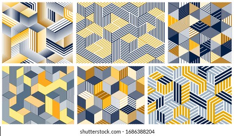 Seamless isometric lines geometric patterns set, 3D cubes vector tiling backgrounds, architecture and construction, wallpaper designs.