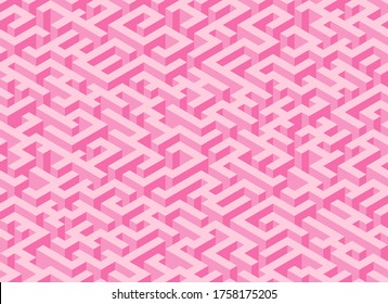 Seamless isometric maze. Pink abstract endless isometric labyrinth. Seamless geometric pattern. Vector illustration
