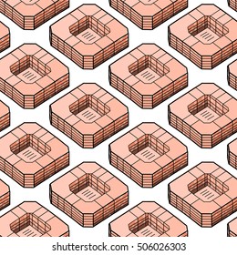 Seamless isometric pattern with Barcelona's street. Gaudi's style. For printing, fabric, postcard or craft paper