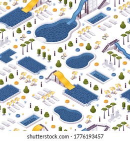 Seamless isometric pattern with water pools. Aqua park slides and loungers on white background. Vector concept scene with palms and umbrellas