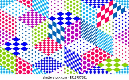 Seamless isometric rhombus and triangles geometric pattern, 3D cubes vector tiling background, architecture and construction, wallpaper design.