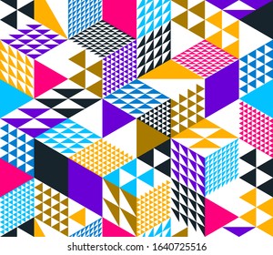 Seamless isometric rhombus and triangles geometric pattern, 3D cubes vector tiling background, architecture and construction, wallpaper design.