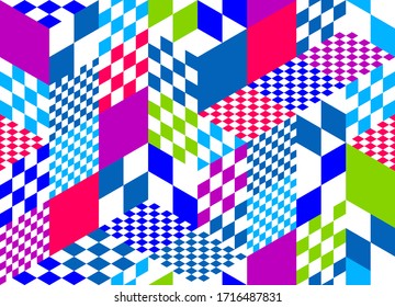 Seamless isometric rhombus and triangles geometric pattern, 3D cubes vector tiling background, architecture and construction, wallpaper design.