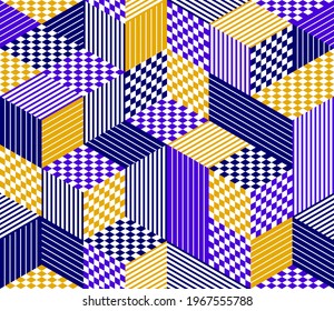 Seamless isometric rhombus and triangles geometric pattern, 3D cubes vector tiling background, architecture and construction, wallpaper design.