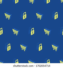 Seamless isometric style pattern on the theme of safe shopping with the image of yellow food and lock carts on a blue background.