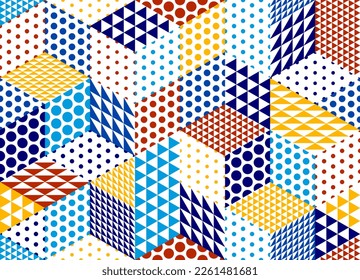 Seamless isometric triangles and dots geometric pattern, 3D cubes vector tiling background, architecture and construction, wallpaper design.