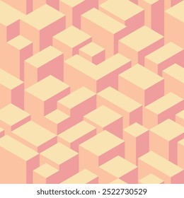 Fundo de padrão vetorial isométrico contínuo. Amarelo, laranja, rosa, cores de praia, bege. Retângulos isométricos de vários tamanhos infinitos, cubos, prismas