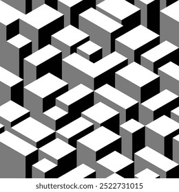 Seamless isometric vector pattern background. Black and white Endless various sized isometric rectangles, cubes, prisms