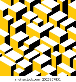 Seamless isometric vector pattern background. Yellow, black and white. Light neutral grey colours. Endless various sized isometric rectangles, cubes, prisms, rhombs. Buildings