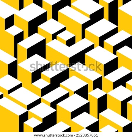 Seamless isometric vector pattern background. Yellow, black and white. Light neutral grey colours. Endless various sized isometric rectangles, cubes, prisms, rhombs. Buildings
