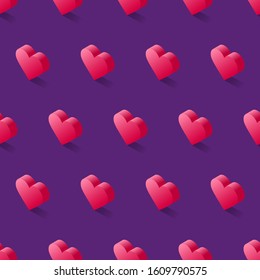 Seamless isometric vector pattern, geometric flat pink hearts in purple background.