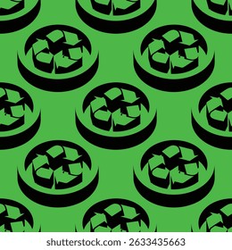 Seamless isometric vector pattern of recycling arrows inside circular 3D shapes on a green background. Minimalist eco-themed design with bold black shadowed symbols and negative space.