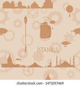 Seamless Istanbul vintage background. Set - Blue Mosque, Galata, train, airship, boat, balloon, cogs and gears.