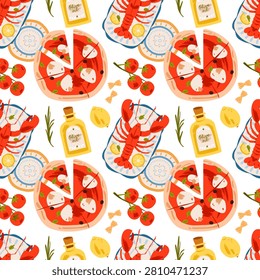 Seamless Italian food pattern with pizza, lobster, seafood, pasta, and Mediterranean ingredients. Vector illustration for textile, wallpaper, packaging, restaurant.