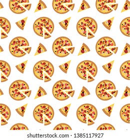 Seamless italian food vector pattern on white background. Hand drawn pizza slices with different toppings. Perfect for wallpaper or fabric.