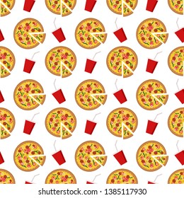 Seamless italian food vector pattern on white background. Hand drawn pizza slices with different toppings and soda's cups. Perfect for wallpaper or fabric.