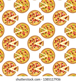 Seamless italian food vector pattern on white background. Hand drawn pizza slices with different toppings. Perfect for wallpaper or fabric.