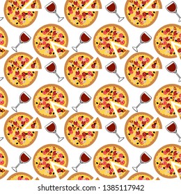 Seamless italian food vector pattern on white background. Hand drawn pizza slices with different toppings and glasses of red wine. Perfect for wallpaper or fabric.