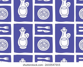 Seamless Italian kitchen pattern with olive oil bottles, ravioli plates, and cutlery. Hand-drawn in an ink-inspired look. Great for wrapping, fabric, menu design, and culinary branding.