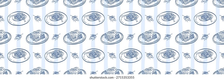Seamless Italian pasta pattern with lasagna and spaghetti plates, olive branches and light blue vertical stripes on a white background, suitable for packaging, textiles, menus and kitchen decor.
