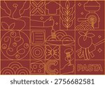 Seamless Italian pasta pattern with spaghetti in geometric line art style, modern abstract kitchen background
