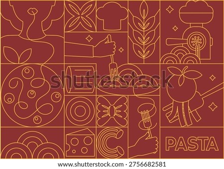 Seamless Italian pasta pattern with spaghetti in geometric line art style, modern abstract kitchen background