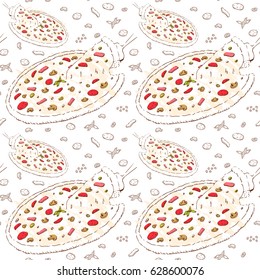 Seamless Italian pizza pattern. Graphic design illustration outlines. Hand drawn style repetitive pattern. Fast food design for background, backdrop, wrapping paper.