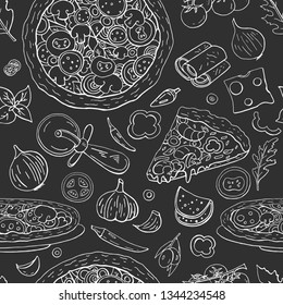 Seamless italian pizza pattern on black background, vintage pizza collection