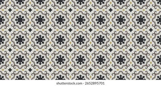 Seamless Italian tile pattern featuring traditional Mediterranean design elements in neutral tones with geometric floral motifs. Perfect for interior, textiles, packaging, digital prints, wallpapers.