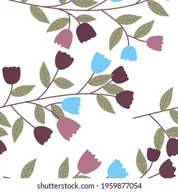 Seamless ivy pattern with blue,Light red ,Dark red  flowers and green leaves on white background.Vector ivy.Seamless floral pattern.