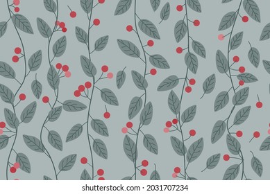 seamless ivy pattern with branches Leaves and berries on a gray background are used for wallpaper. Modern publications can be used for Christmas.