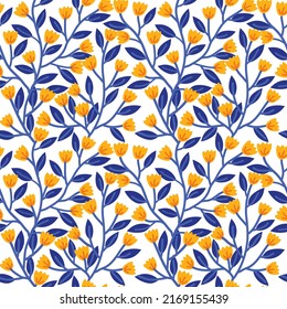 Seamless ivy pattern features yellow flowers and blue leaves on a white background.