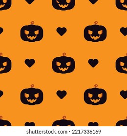 Seamless Jack O'Lantern pattern on an orange background. Vector pumpkin with face and black heart illustration. Halloween design for wallpaper, web page background, wrapping paper, etc.