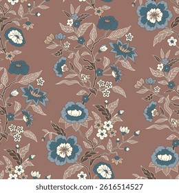 Seamless Jacobean pattern with hand drawn blue flowers and leaves on brown background. Boho floral repeat wallpaper with indian chintz ornament. Vector illustration