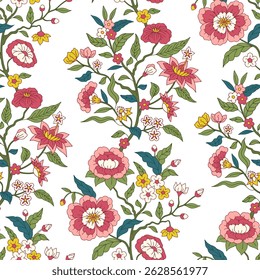 Padrão jacobino sem costura com flores e folhas cor-de-rosa desenhadas à mão sobre fundo branco. Boho floral repetir papel de parede com ornamento chintz indiano. Ilustração vetorial