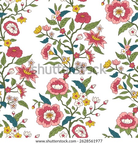 Seamless Jacobean pattern with hand drawn pink flowers and leaves on white background. Boho floral repeat wallpaper with indian chintz ornament. Vector illustration