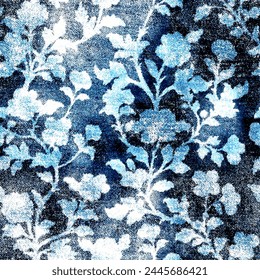 Patrón jacobeo sin costuras con efecto estampado angustiado. patrón étnico floral abstracto en estilo indio sobre fondo índigo, denim.