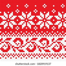 Seamless jacquard ornament for clothes. Festive Scandinavian ornament. Bright textiles for fashionable winter clothes. Christmas seamless knitted pattern.