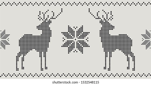 seamless Jacquard pattern, black deer and snowflakes stylized by winter retro knitted pattern
