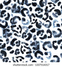 Seamless jaguar pattern. Hand drawn watercolor animal texture. Black spots on white background. Vector texture of leopard fur.