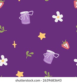 Seamless Jam Jar Magic Pattern. Seamless pattern with jam jars, strawberries, flowers and stars on a purple background. Flat cartoon style with whimsical summer and botanical theme.