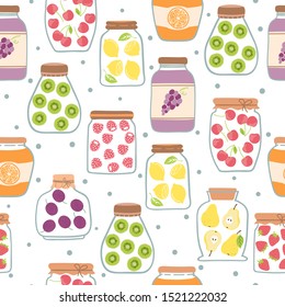 Seamless jam pattern with glass jars. Vector background with preserved fruits.