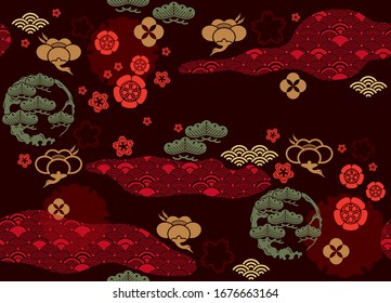 Seamless of Japan elements with crean birds, tree, cloud and cherry blossoms. Pattern with traditional asian cultural, vector illustration.