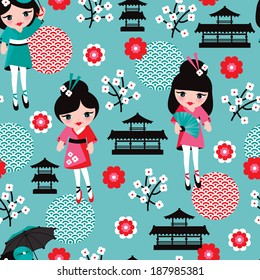 Seamless japan geisha sushi girl kids illustration background pattern in vector