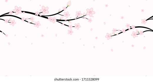 Seamless Japanese Cherry Blossoms and Branches Pattern background, Sakura flower vector illustration, Seamless backgrounds and wallpapers for fabric, packaging, Decorative print, Textile