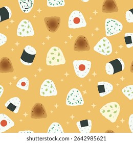 Seamless Japanese Food Pattern Featuring Cute Onigiri ,rice balls in a kawaii style for Packaging and Textile Design.