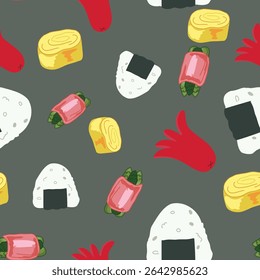 Seamless Japanese Food Pattern Featuring Cute Onigiri ,rice balls in a kawaii style for Packaging and Textile Design.