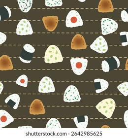 Seamless Japanese Food Pattern Featuring Cute Onigiri ,rice balls in a kawaii style for Packaging and Textile Design.