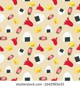 Seamless Japanese Food Pattern Featuring Cute Onigiri ,rice balls in a kawaii style for Packaging and Textile Design.
