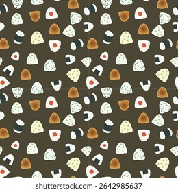 Seamless Japanese Food Pattern Featuring Cute Onigiri ,rice balls in a kawaii style for Packaging and Textile Design.